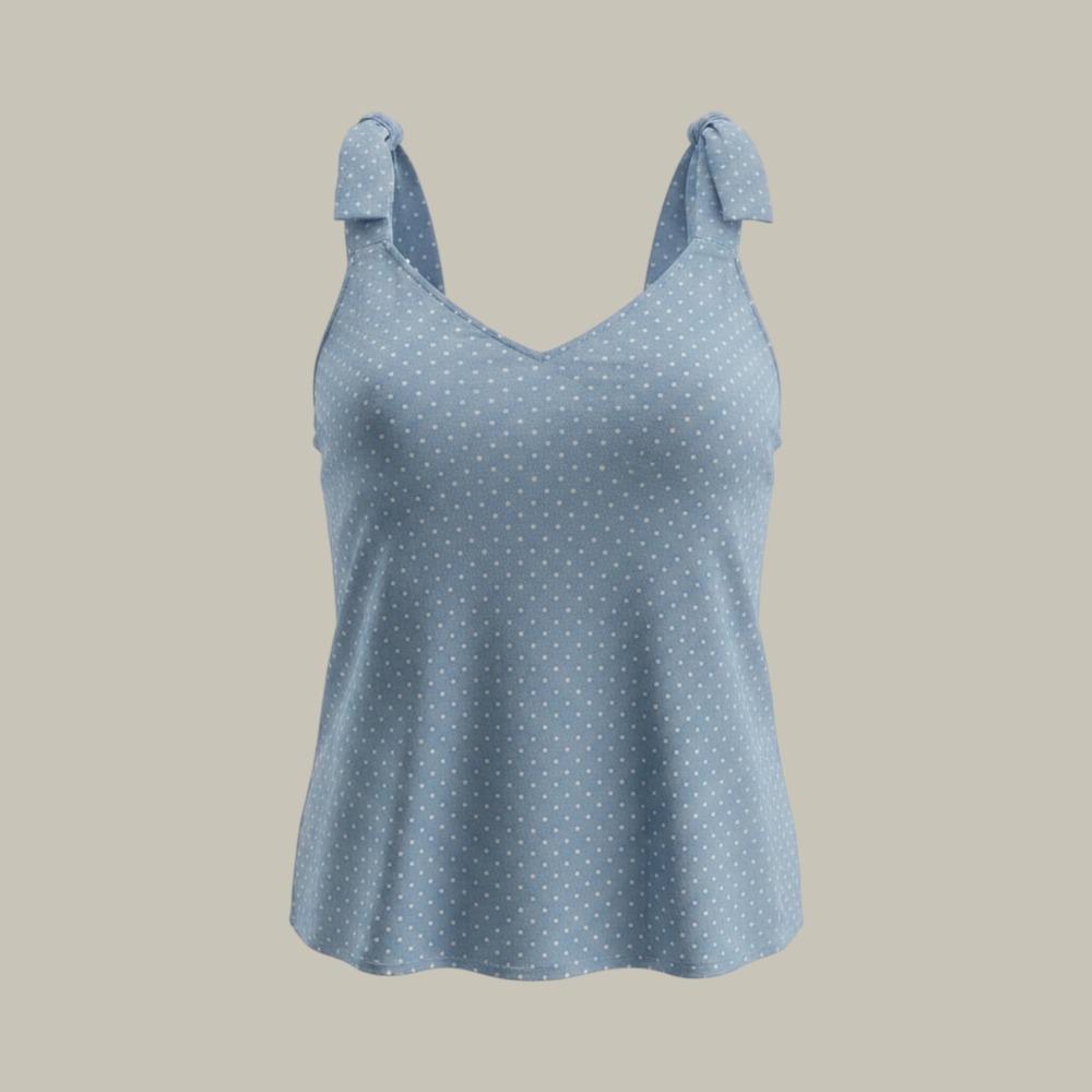 Andree by Unit Boutique Blouse Large Blue Polka Dot Tie Shoulder V-Neck Tank